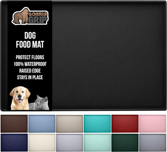 GORILLA GRIP 100% Waterproof Raised Edge BPA Free Silicone Pet Feeding Mat, Dog Cat Food Mats Contain Spills Protects Floors, Placemats for Cats and Dogs Water Bowl, Pets Accessories 23x15 Black