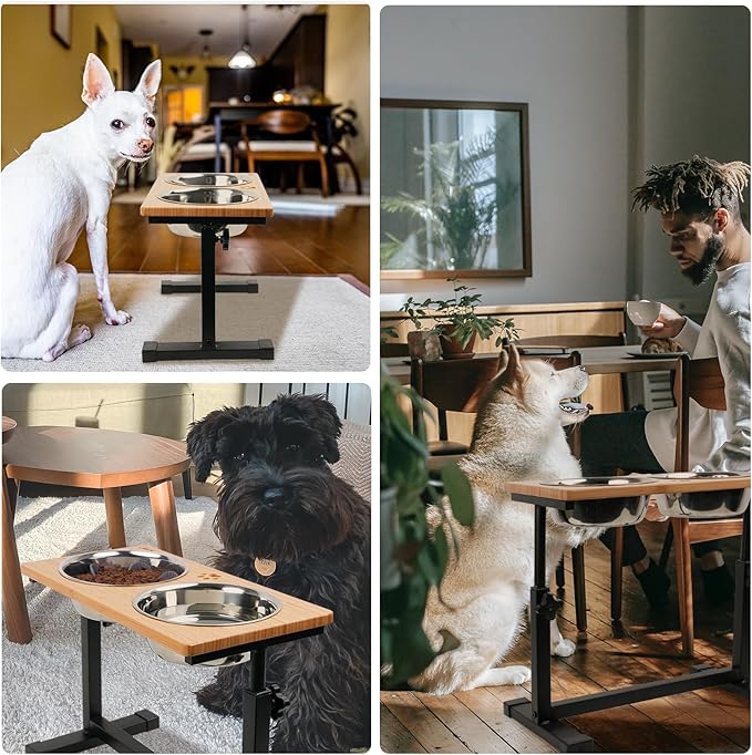 HTB Elevated Dog Bowls, Adjustable Pet Bowl Stand (Metal/Bamboo, 11.2'' to 16" Tall)