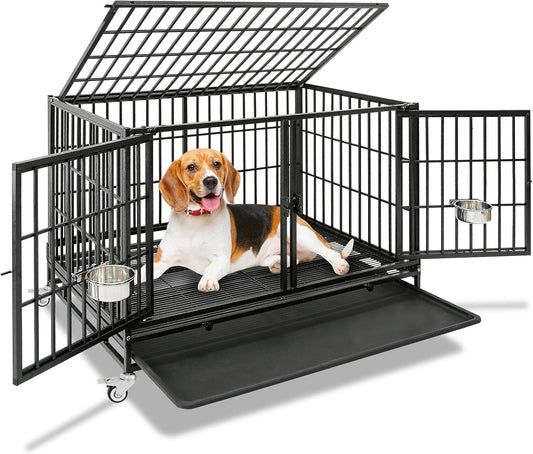 Homey Pet 43 Inch Heavy Duty Dog Crate Cage Kennel for Medium Dogs with Three Door, Divider, Removable Grid & Tray, 4 x Lockable Wheels, 2 x Bowls, Stackable Drop Cages for Breeders, Groomers