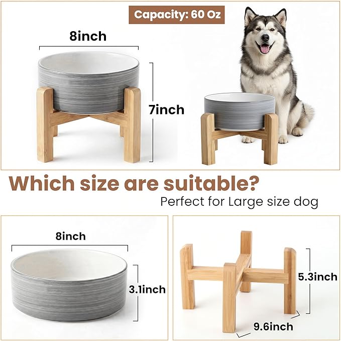 hjn Elevated Ceramic Dog Bowl with Bamboo Stand, Raised Pet Feeding Station for Small Medium Dogs Cats, Modern Design with Anti-Slip Base (White Gray, 7.6Cup)