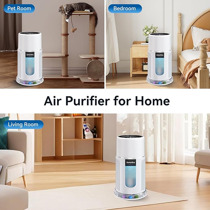 Pet Air Purifiers with HEPA Filter, Home Air Purifier with Replaceable Pre-Filter for Pet Hair, 360° Air Outlet for Large Bedroom, Dorm, Living Room