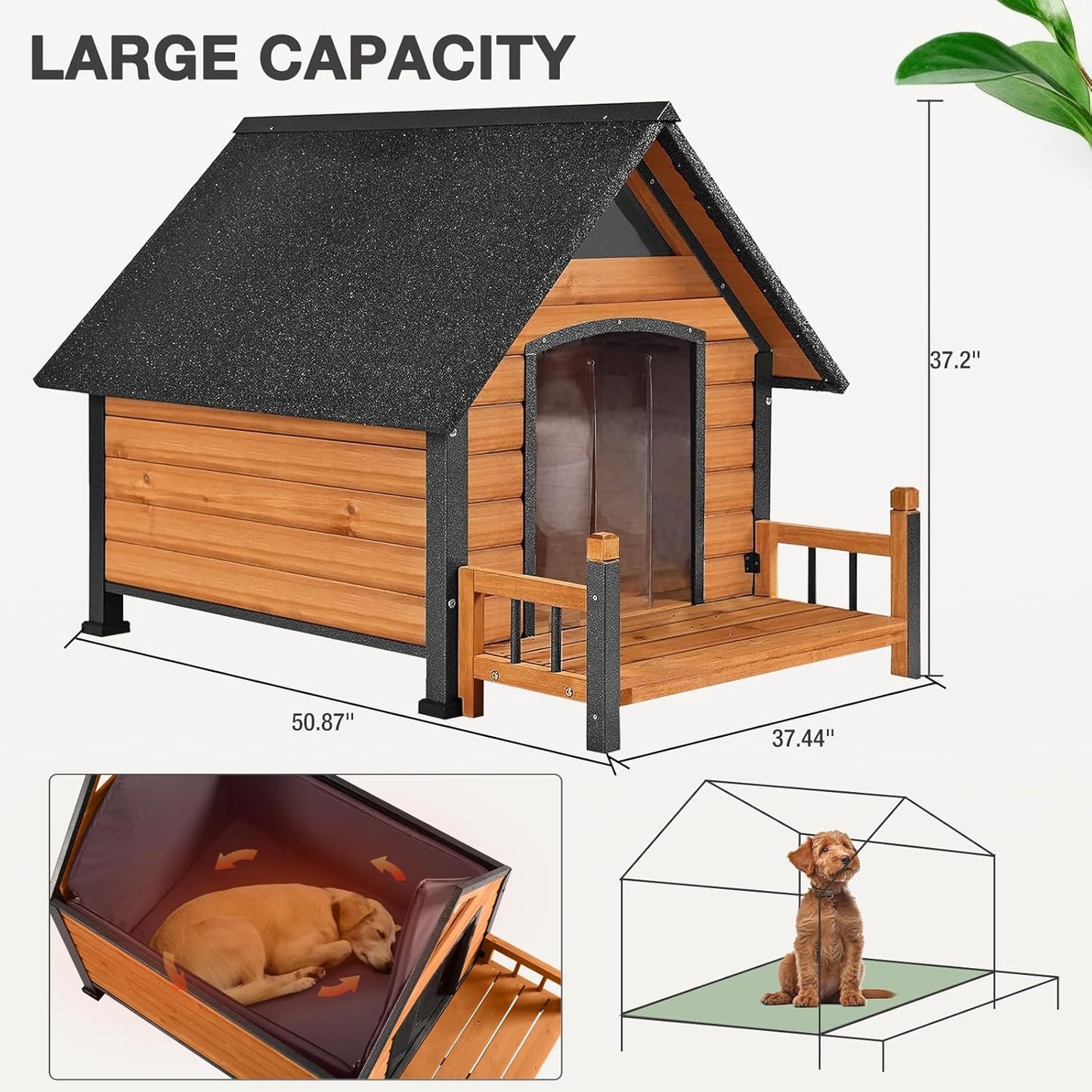 Dog House Outdoor, Weatherproof Wooden Dog Kennel Indoor for Small Medium Large Dogs, 50.87" L Insulated Large Dog Shelter for Winter