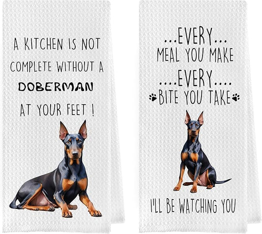 Funny Doberman Dish Towels Set - Funny Doberman Gifts Decorative Waffle Kitchen Towels, Doberman Hand Towels, Doberman Tea Towels, Doberman Gifts (16×24 Inches, Set of 2)
