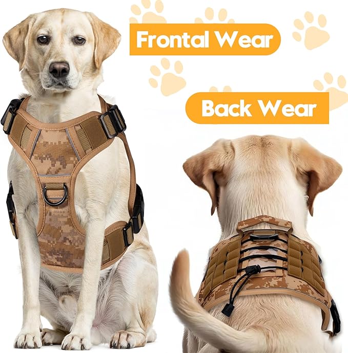 Heavy-Duty Tactical Dog Harness for Large Dogs, No Pull Adjustable Reflective Pet Vest with Molle System, K9 Military-Grade Control for Service Training, Outdoor & 10+ Breeds, Khaki Camo, Large
