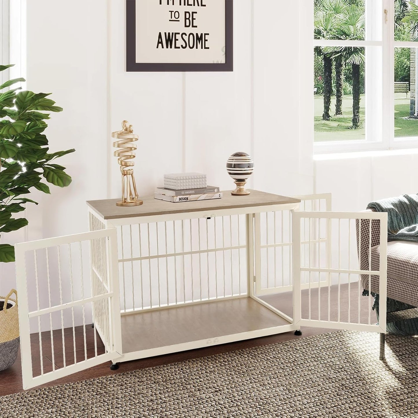 40 Inch Dog Crate Furniture for Large Medium Dogs, Wooden Heavy Duty Dog Kennel with Double Doors, Decorative Pet House Dog Cage Side End Table Indoor, Pet Cage Dog House, Beige