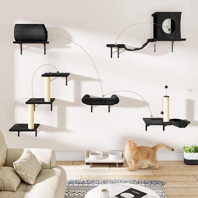 NUNU LAB 7-in-1 Cat Wall Shelves, Wall Mounted Cat Climber Set, Cat Furniture with House, Tunnel, Bridge, Steps, Scratcher, Hammock, Shelves for Indoor, Dark Black