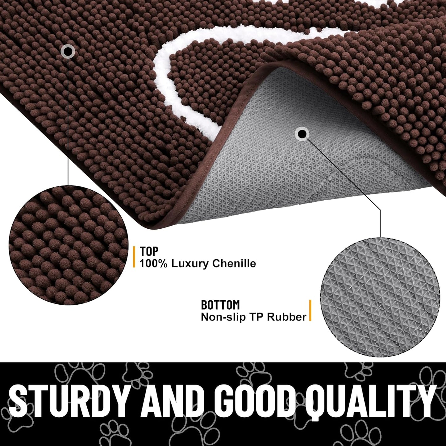 Smiry Dog Door Mat for Muddy Paws, Absorbent Dirt Trapper Non Slip Quick Dry Washable Chenille Mat for Mud Dogs, Entry Rug for Indoor and Outdoor (48x30 Inches, Brown and White)