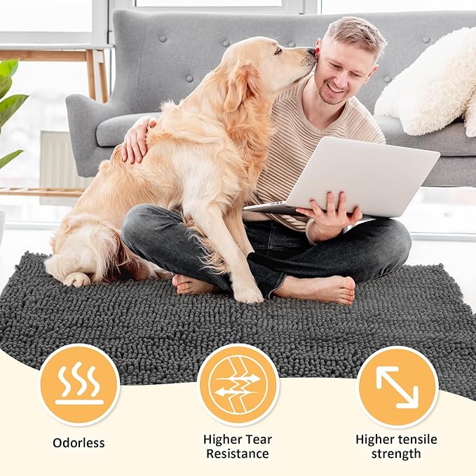 Absorbent Dog Door Mat for Muddy Paws, 120" x 36" Chenille Indoor Mats for Entryway, Trap Dirt Front Door Mat Indoor Entrance Washable Non Slip Soft Dark Grey