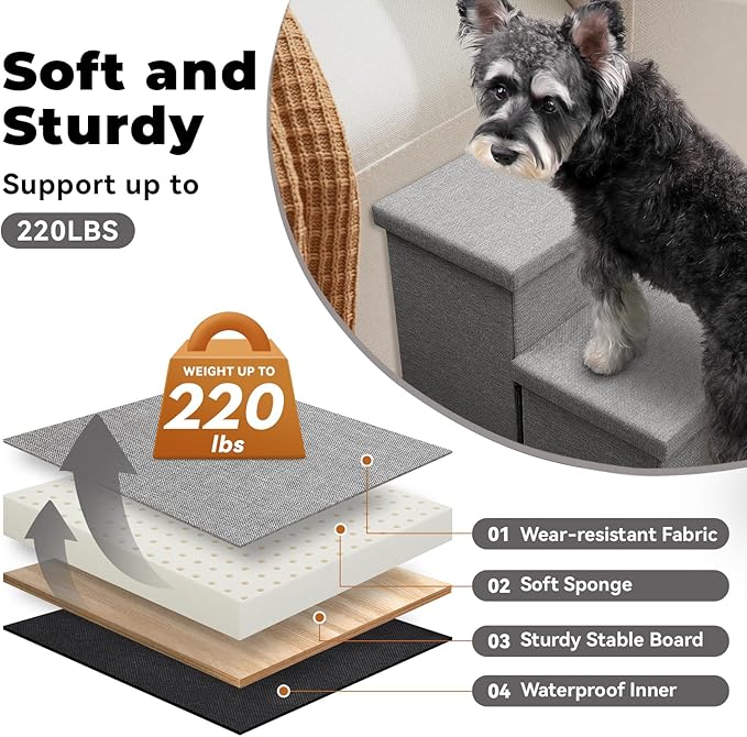 Dog Stairs with Storage 23" H, 4-Step Wider Dog Steps for High Beds Window, Folding Sturdy Pet Stairs Gift for Injured Old Dogs Cats, Ramp for Climbing Car Up to 200 lbs,(Gray, No Condo)