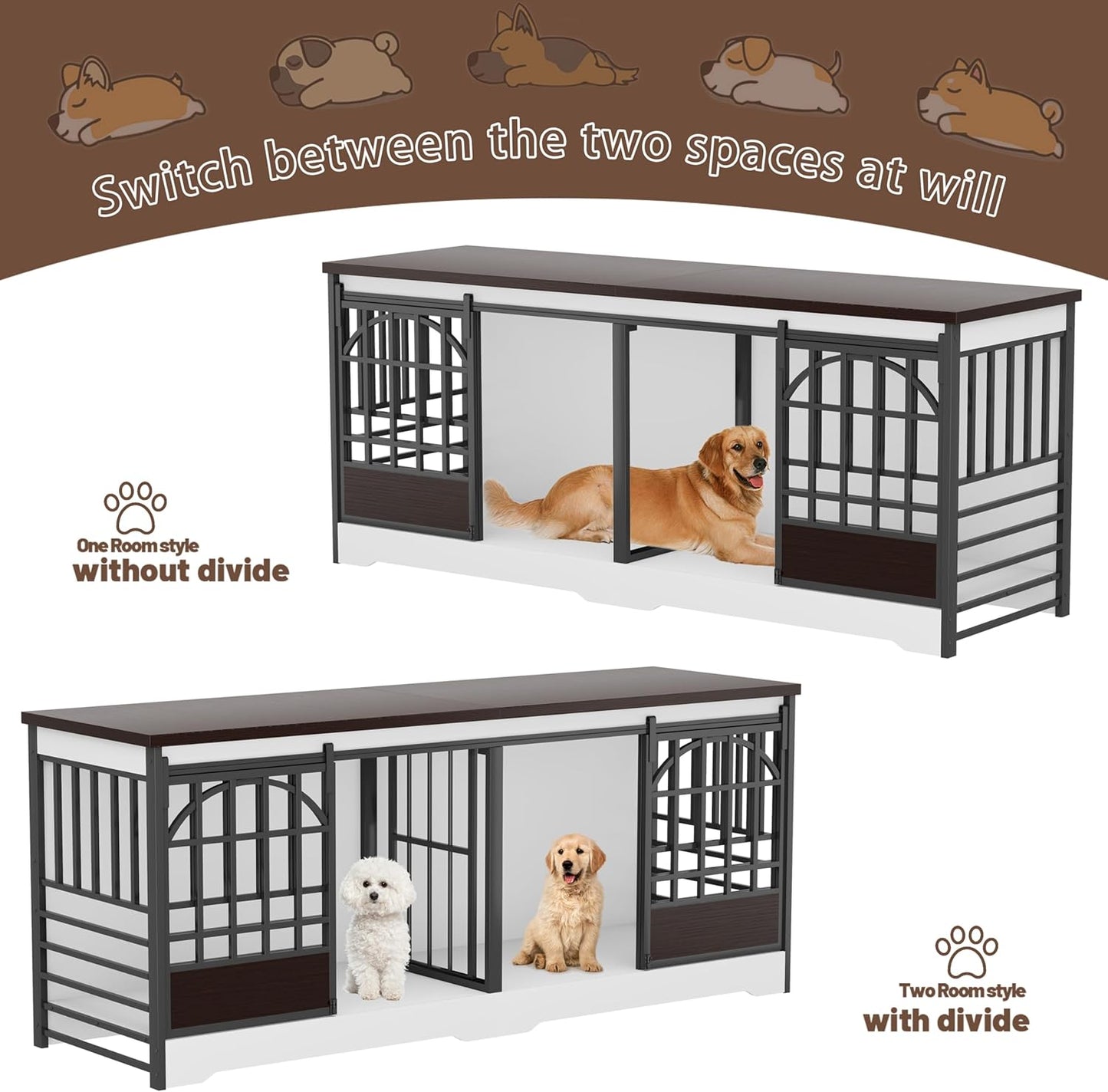 78 Inch Double Dog Crate Furniture, Extra Large Dog Kennel Indoor with Divider, Heavy Duty Dog Cage for 2 Dogs, Decorative Wooden Dog House Decorative Table TV Stand, Pet House for XLarge Dogs,White