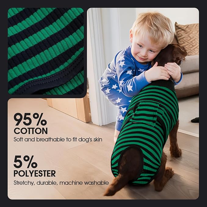 FUAMEY Recovery Suit for Dogs After Surgery,Soft Breathable Dog Bodysuit E-Collar & Cone Alternative Surgical Suit,Male Female Dog Neuter Spay Suits Anti Licking Wounds Onesie Green Black Stripes XXL