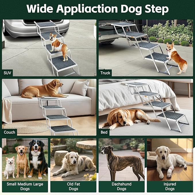 Dog Stairs for Car, Extra Wide Stairs for Large Dogs, Pet Steps Aluminum Foldable Dog Steps for Cars and SUV, High Beds, Trucks, Supports up to 200 lbs (Extra Wide-4 Steps)