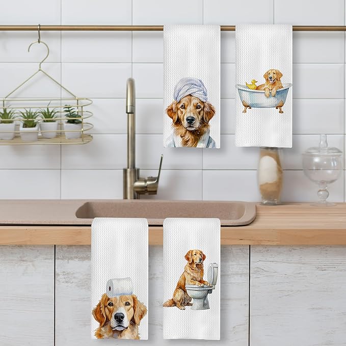 Funny Golden Retriever Bathroom Hand Towels, Gifts for Golden Retriever Women Dog Lovers Decorative Hand Towels for Bathroom, Funny Dog Kitchen Towels, 16x24 Inch Set of 4