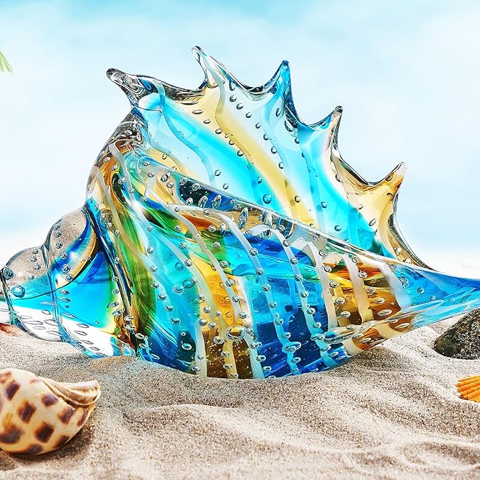 EUSTUMA Hand Blown Glass Conch Figurines Ornament,Sea Animal Ornament for Home Decor,Sea Animals Collection for Birthday Gift,Glass Seashell