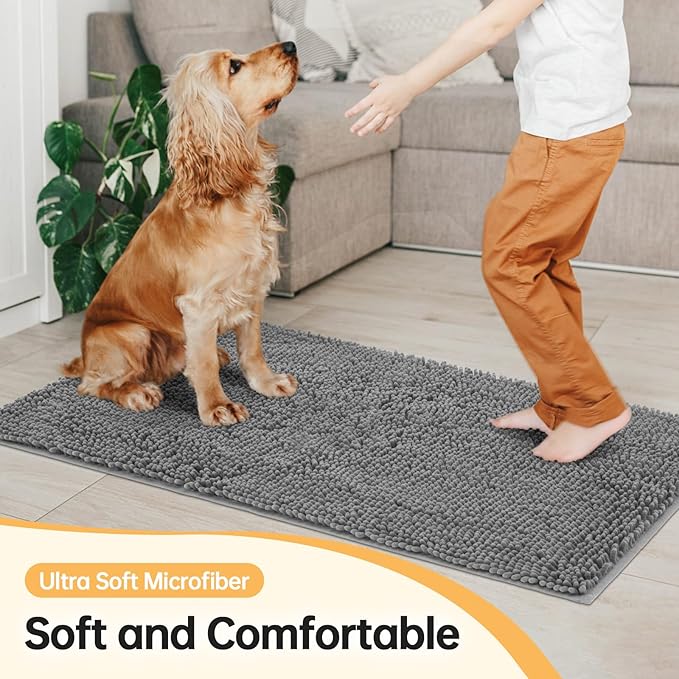 Absorbent Dog Door Mat for Muddy Paws, 72" x 48" Chenille Indoor Mats for Entryway, Trap Dirt Front Door Mat Indoor Entrance Washable Non Slip Soft Light Grey