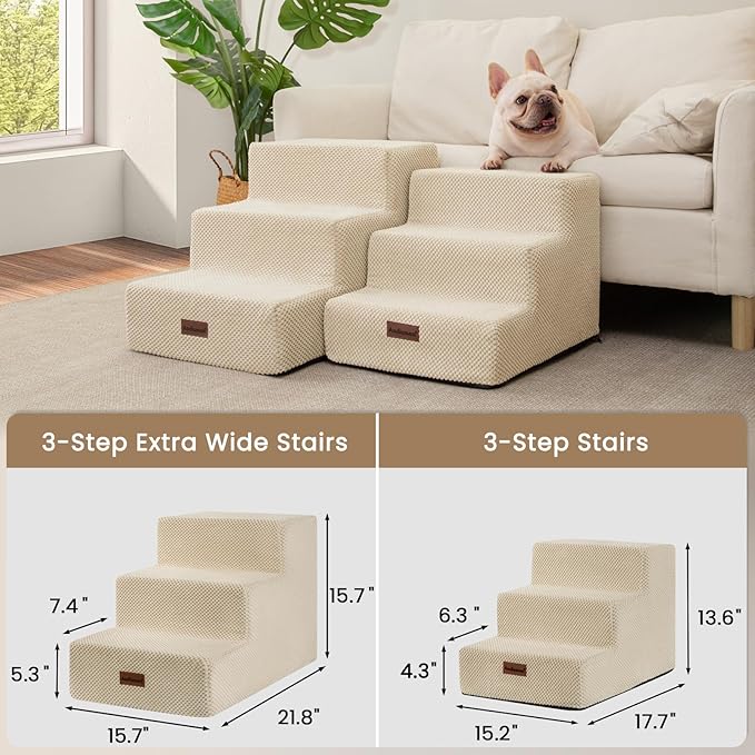 Dog Stairs for Small Dogs & Cats, 3-Step Non-Slip Pet Steps for Couch Sofa and Chair, Beige, 13.6" H