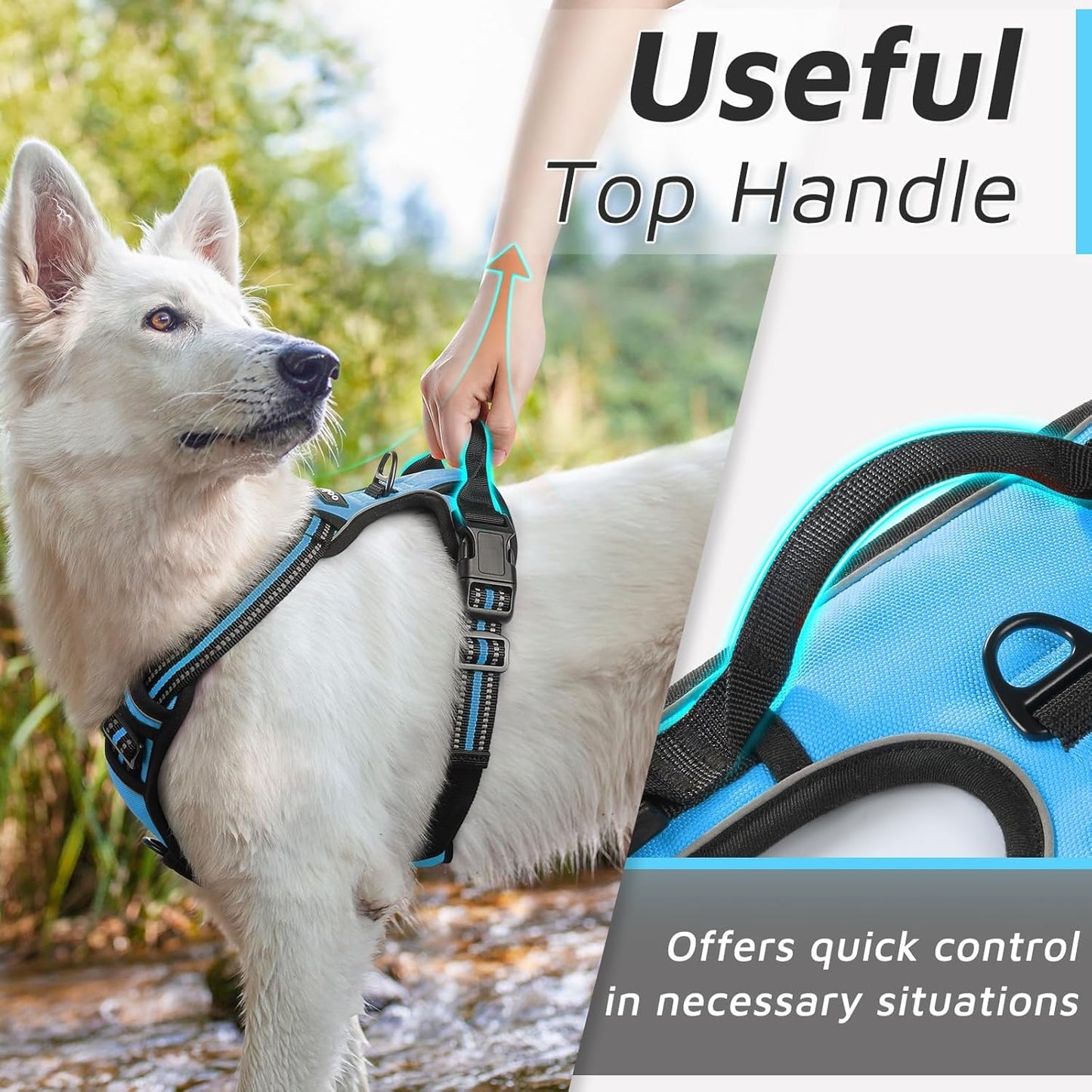 Eagloo Dog Harness Medium Sized Dog, No Pull Service Vest with Reflective Strips and Control Handle, Adjustable and Comfortable for Easy Walking, No Choke Pet Harness with 2 Metal Rings, Sky Blue, M