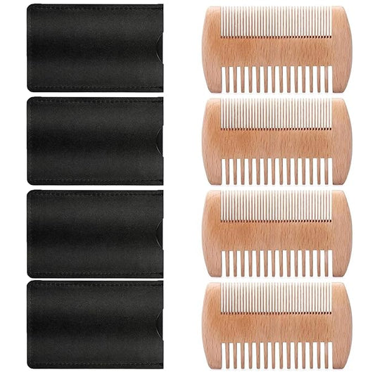 4 Pack Double-Sided Pocket Comb, Wooden Dual Action Beard and Mustache Comb Set with Leather Cases for Beards and Mustaches, Everyday Styling Comb For Detangling Knots (Beech)