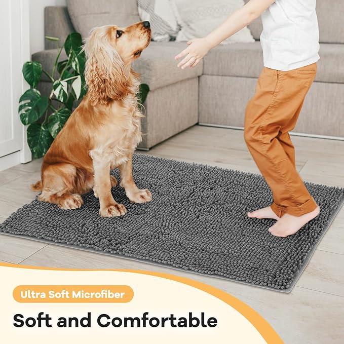 Absorbent Dog Door Mat for Muddy Paws, 120" x 36" Chenille Indoor Mats for Entryway, Trap Dirt Front Door Mat Indoor Entrance Washable Non Slip Soft Dark Grey