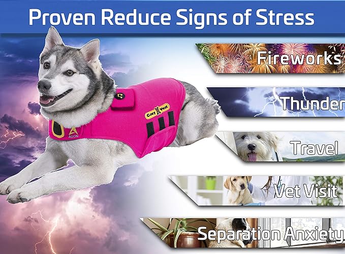 CozyVest 3-in-1 Anxiety Vest Music & Aromatherapy Dog Coat Relaxing Sound & Essential Oil Scent Canine Stress Relief Fireworks Thunder Separation Shirt Jacket Thunderstorm (Large [41-64 Lbs], Pink)