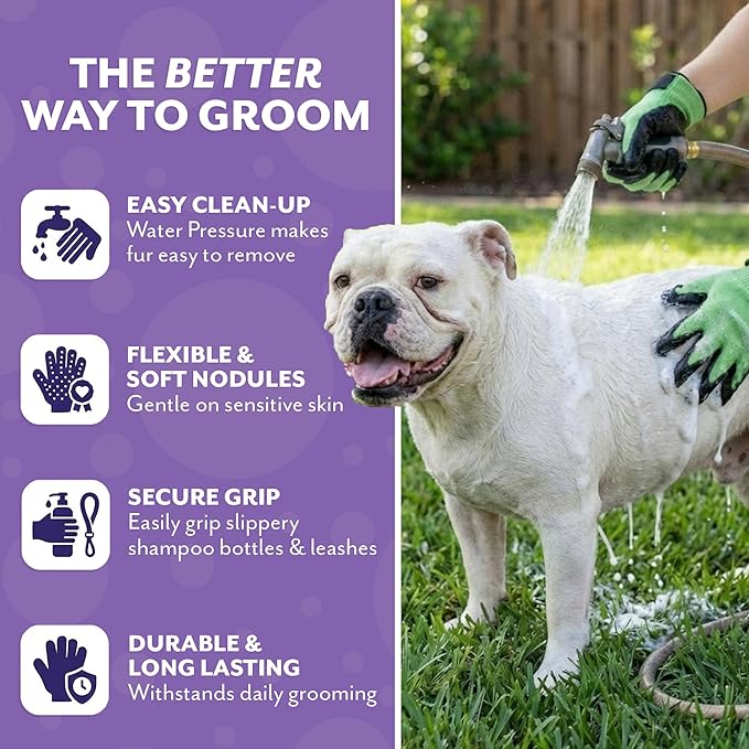 HandsOn Pet Grooming Gloves - #1 Ranked, Award Winning Shedding, Bathing, & Hair Remover Gloves for Cats, Dogs, and Horses (Green / Black, Large)