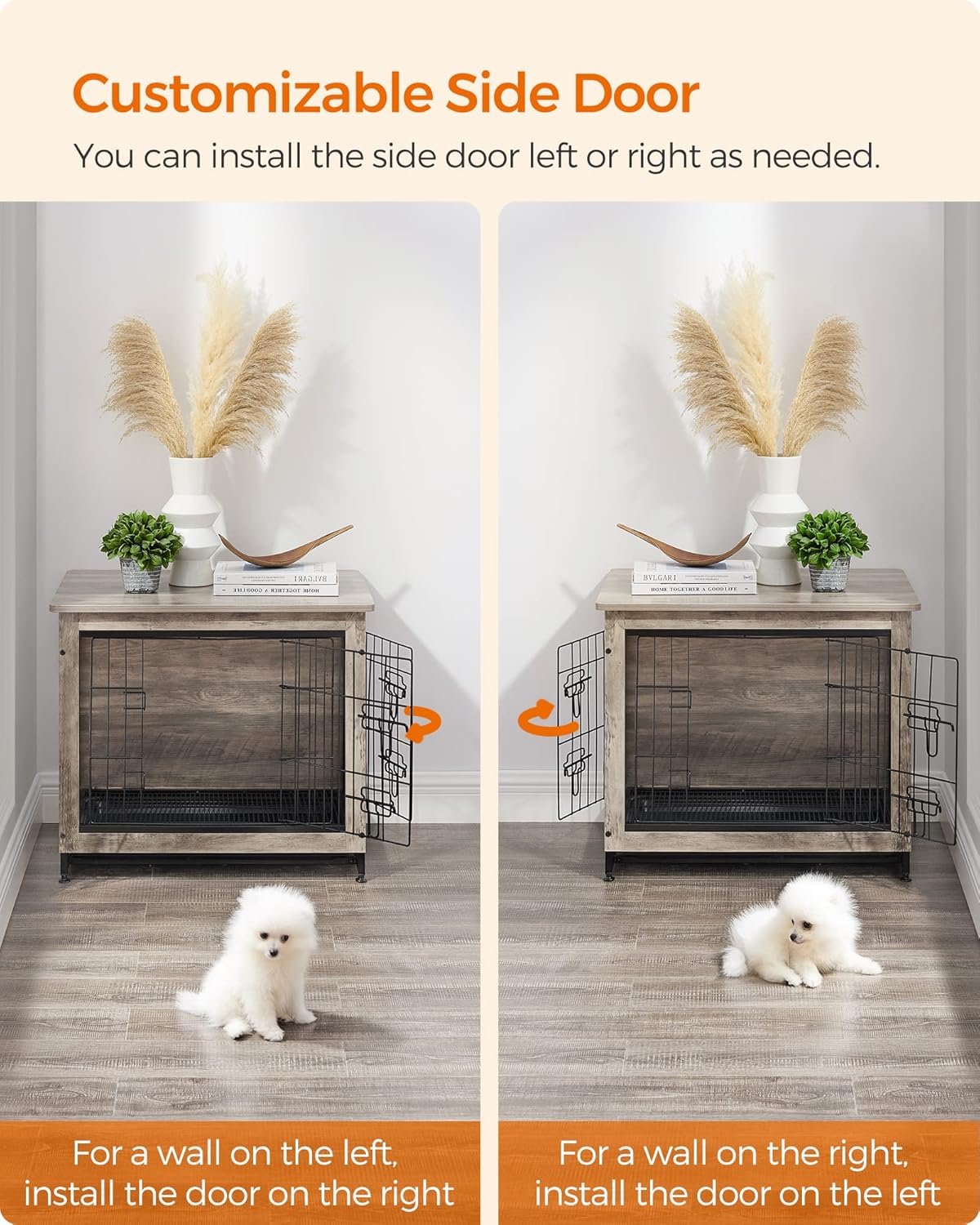 Feandrea Dog Crate Furniture, 27.2" Side End Table, Modern Kennel for Dogs Indoor up to 30 lb, Heavy-Duty Dog Cage with Multi-Purpose Removable Tray, Double-Door Dog House, Greige UPFC001G01