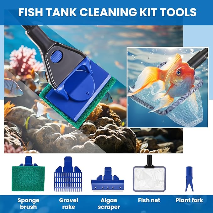 Aquarium Fish Tank Cleaning Tool Kit Include 4 Pcs Long Aquascape Tools Kit 1 Pcs Magnetic Glass Cleaner Brush 5 in 1 Fish Tank Gravel Cleaner and Siphon Vacuum for Terrarium Fish Tank Set