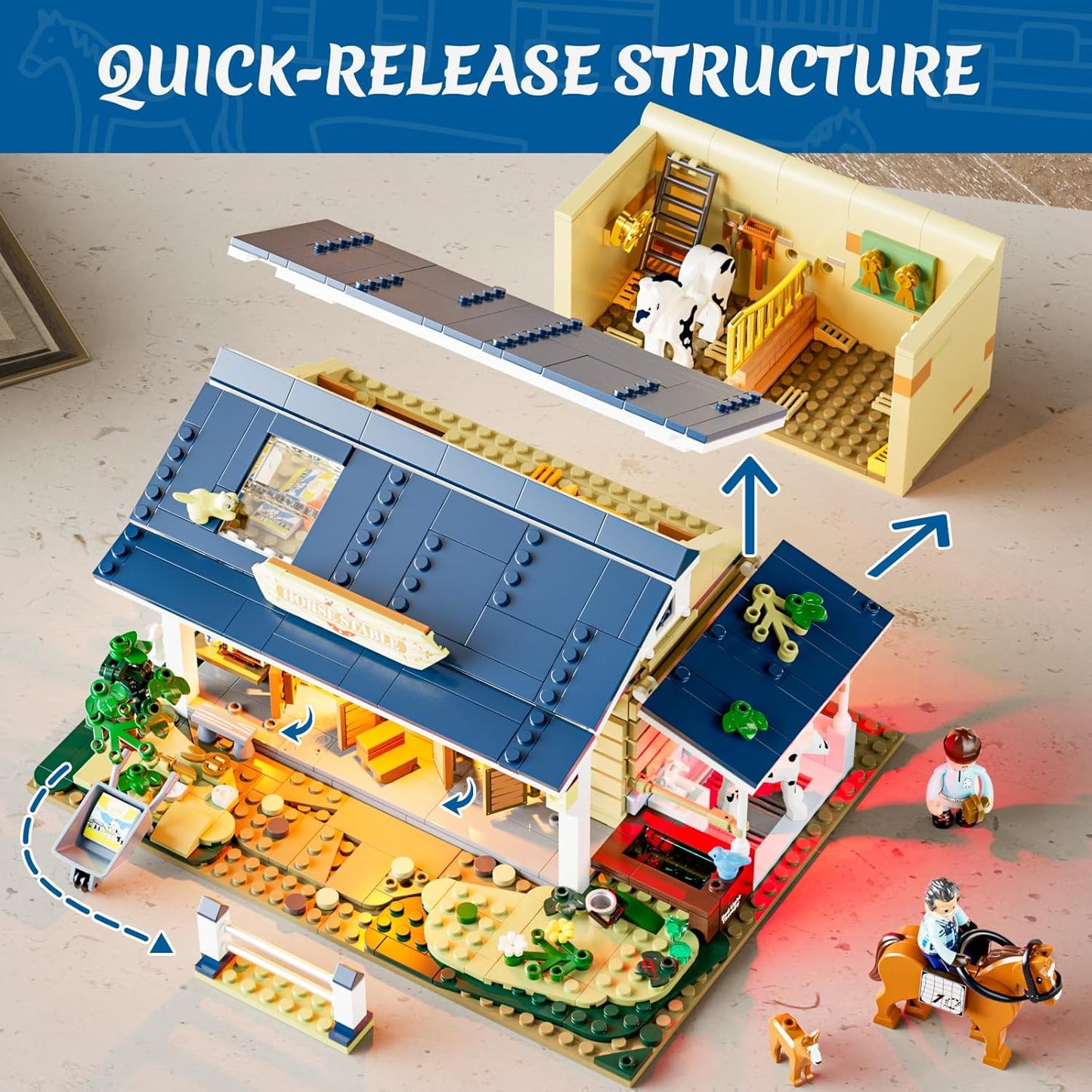 FUNWHOLE Farm Horse-Stable Lighting-Building-Bricks Set - Farm Life Horse Animals Cabin Collection LED Light Cottage Model Display Set 973 Pcs for Adults and Teen