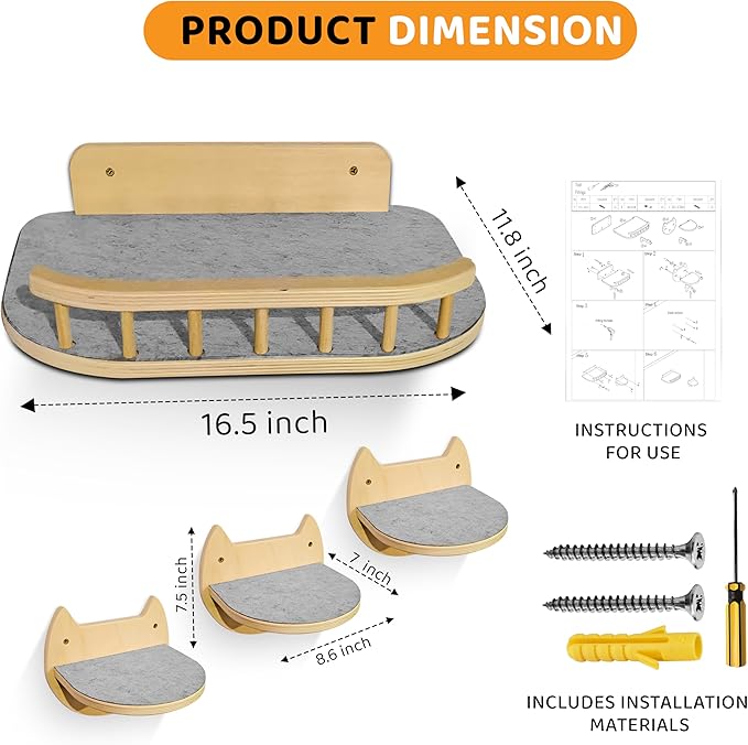 Cat Wall Shelves with 3 Steps – Modern Wood Wall Mounted Furniture, Climber & Perch Shelf for Cats up to 30lbs – Sturdy Floating Bed for Large Cats