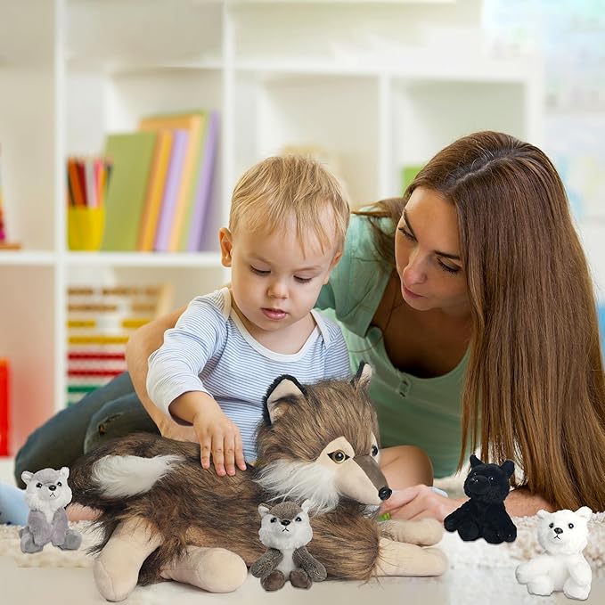 5 Pcs Wolf Stuffed Animal Plush Toy, 16 Inch Mommy Stuffed Wolf with 4 Baby Wolves in Her Zippered Pouch,Cute Nurturing Wolves Plushies for Kids Boys Girls Easter Birthday Gifts Party Decoration