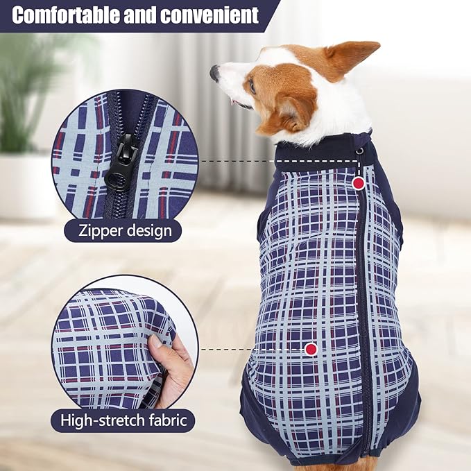 Dog Recovery Suit, Abdominal Wound After Surgery Wear, Anti Licking Bodysuit with Zipper, E-Collar & Cone Alternatives, Plaid Dog Spay Surgical Shirt Prevent Shedding(2XL, Blue)