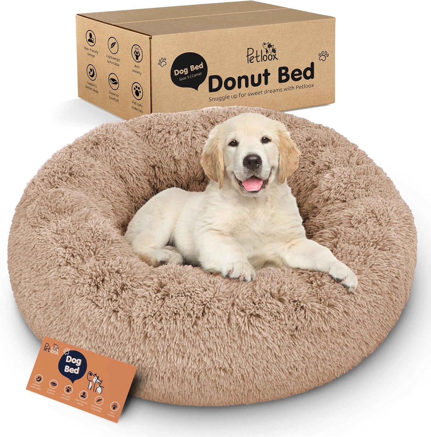 Donut Dog Bed - Premium Comfort for Anxiety Relief - Fluffy & Calming Design with Ultra-Plush Support | Cozy Round Dog Bed with Super Soft Circle Style (Size S Camel)