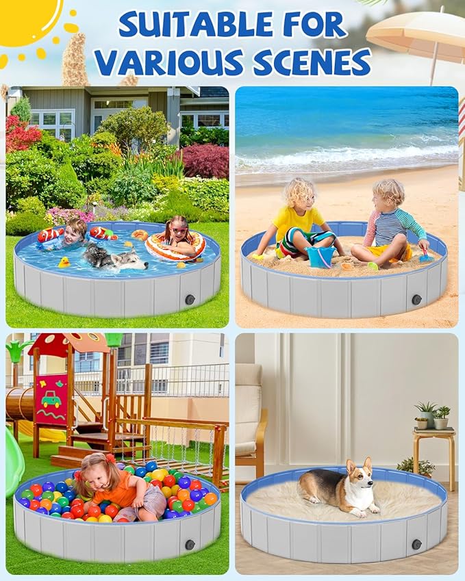 Portable Dog Pool PVC Pet Swimming Pool Bathtub Collapsible Dog Pool, Hard Plastic Pool for Pets to Swim and Bath (S-32" x 8" Light Grey)