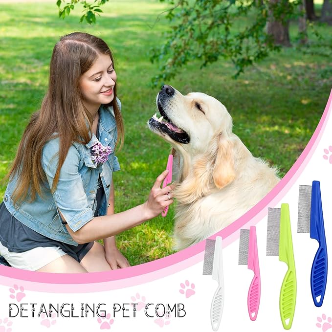 10 Pcs Flea Comb for Dogs and Cats Flea Remover Tool with Stainless Steel Metal Teeth for Detangling Grooming Kit, Pink, Blue, White and Green, 2 Sizes