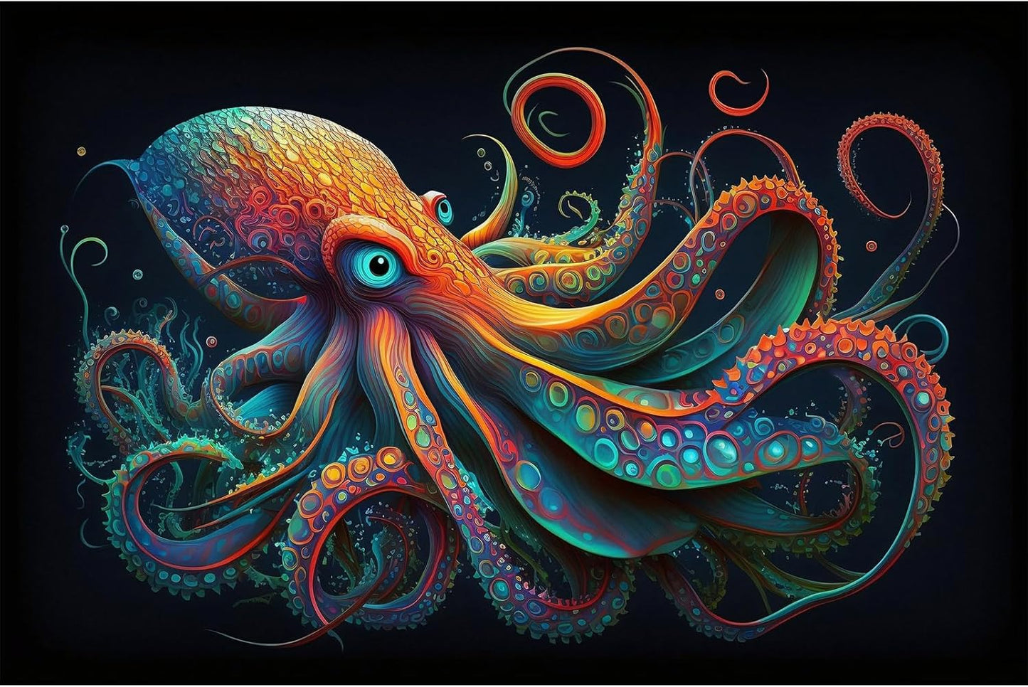 Octopus Aquarium Background Abstract Colorful Octopus Terrarium Background Glowing Octopus on Black Background Fish Tank Backdrop Poster Wallpaper Decorations Vinyl 48x24in