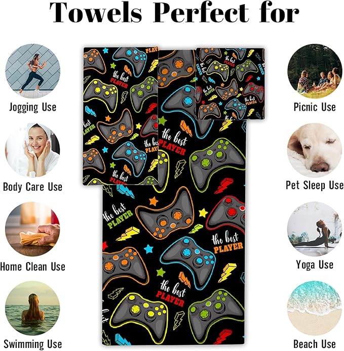 Gaming 3 Piece Towel Bathroom Sets, 1 Bath Towel, 1 Washcloth, 1 Hand Towel, Cotton Fast Dry Soft Absorbent Towel Set for Home Kitchen Family