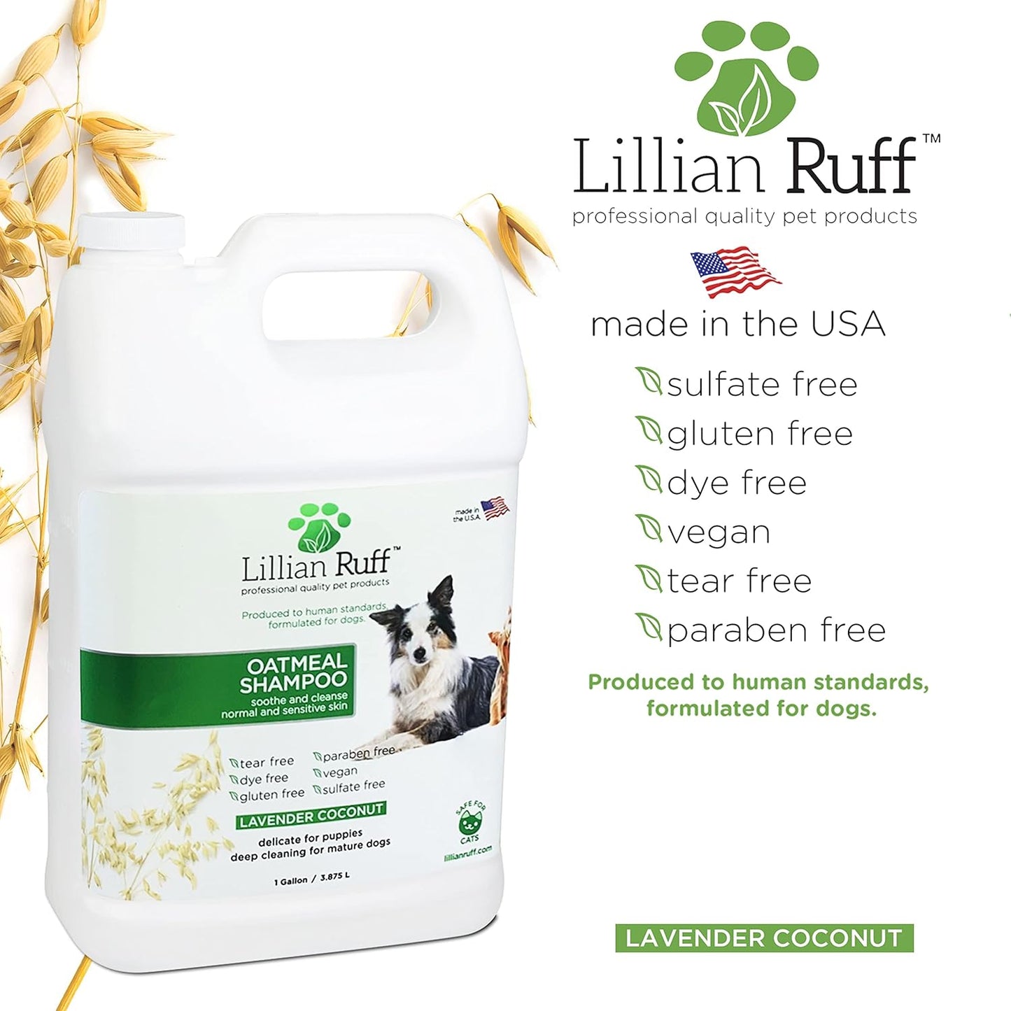 Lillian Ruff Calming Oatmeal Pet Shampoo for Dry Skin & Itch Relief with Aloe & Hydrating Essential Oils - Replenish Moisture & Deodorize - Tearless Dog Shampoo for Normal/Sensitive Skin (Gallon)