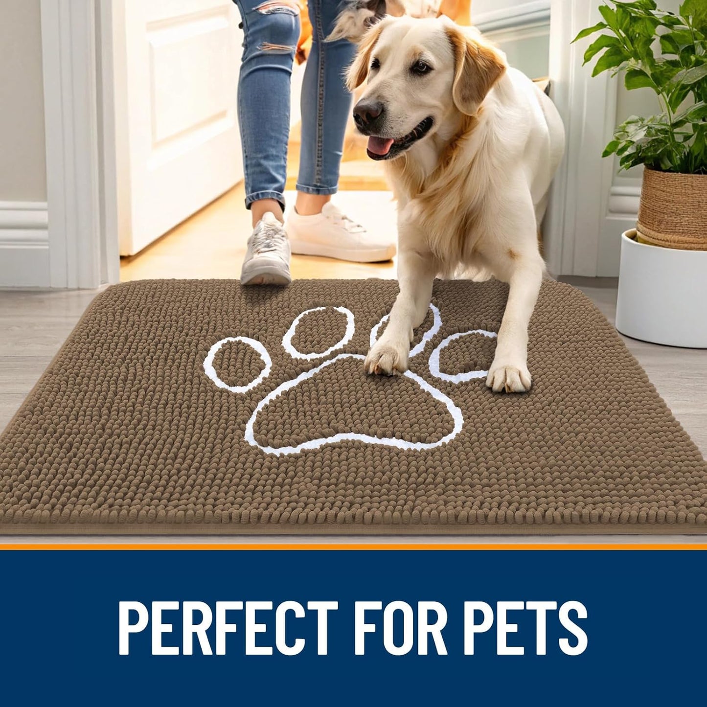 OLANLY Door Mat for Muddy Dog Paws 24x16, Ultra Absorbent Chenille Mud Doormat with Paw Print Design, Non-Slip Washable Doormat for Indoor Entryway, Quick-Dry Pet Bed Mats for Dirty Dogs, Tan