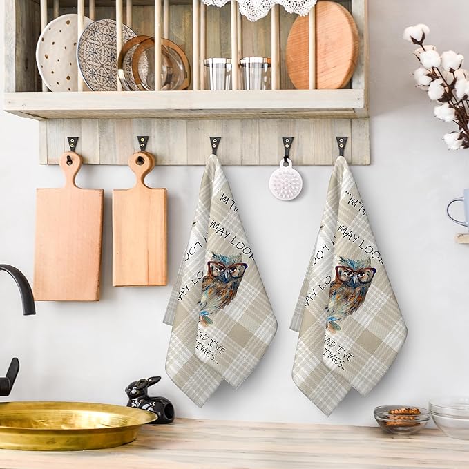 Funny Owl Kitchen Dish Towels Decorative Set of 2, Absorbent Cute Buffalo Plaid Tea Hand Towels for Kitchen Farmhouse Housewarming Bar Cooking Baking Drying Decor Owl Lover Gift