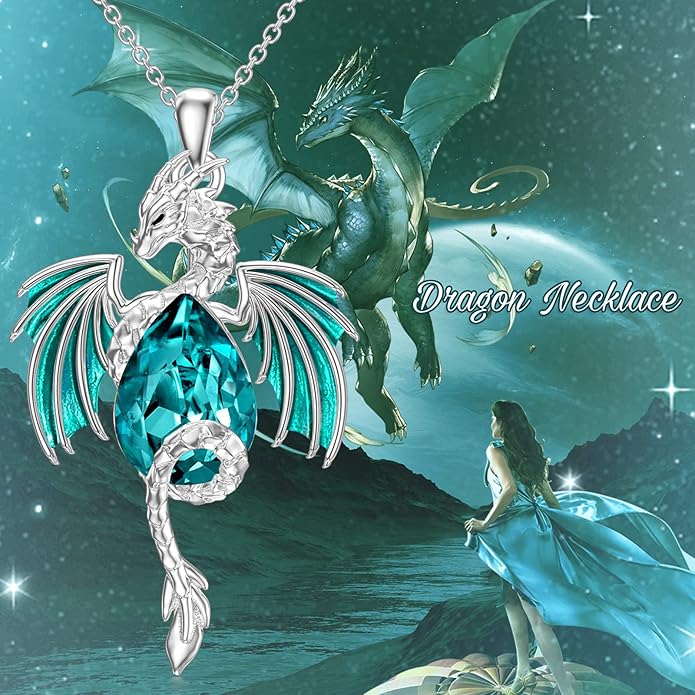 Dragon Necklace for Men Sterling Silver Birthstone Wyvern Necklace Embllished with Teardrop Shaped Crystal Jewelry for Women