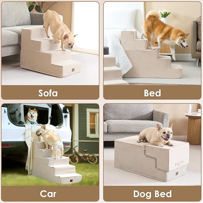 EHEYCIGA Dog Stairs for Small Dogs 13.5" H, 3-Step Dog Steps for Couch Sofa and Chair, Pet Steps for Medium Cats, Non-Slip Balanced Pet Ramp Indoor, Beige