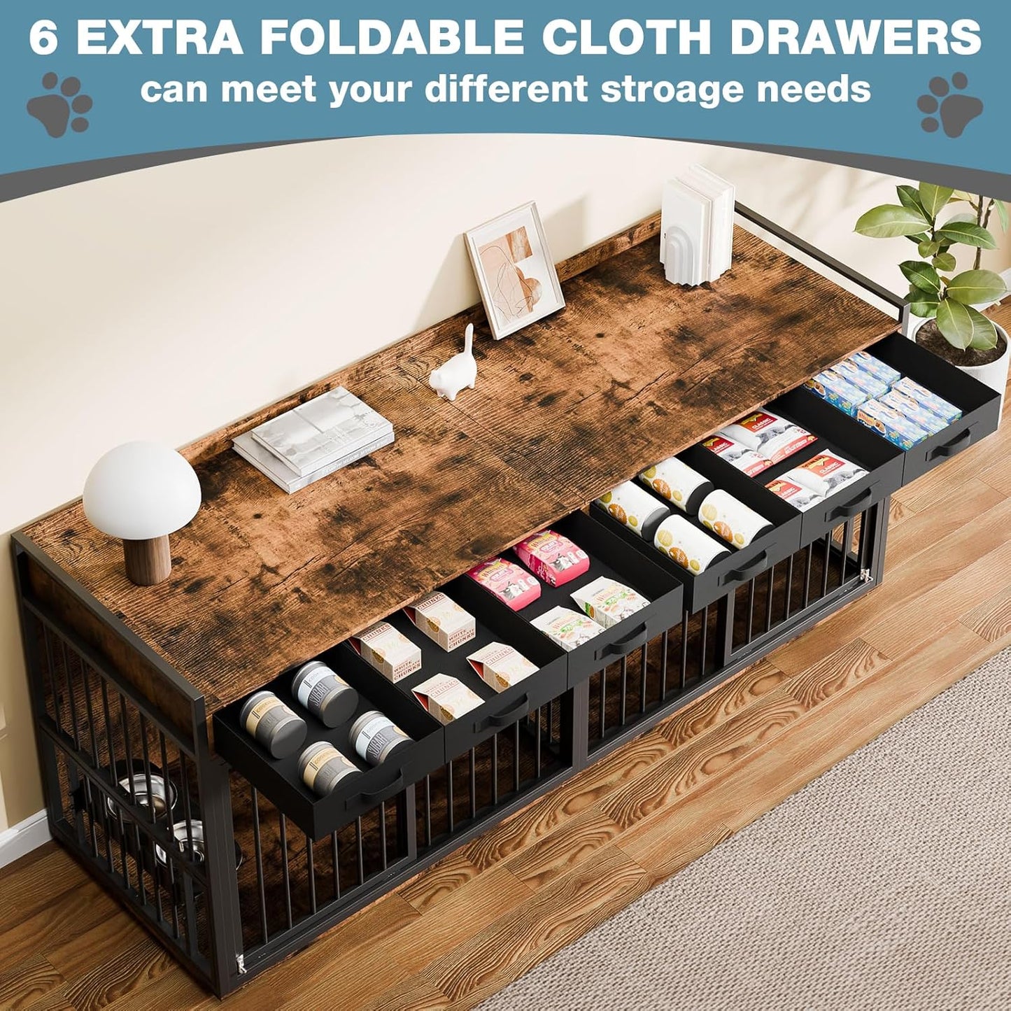 86.6Inch Large Double Dog Crate Furniture,Heavy Duty Metal Frame Dog Crate Kennel with Adjustable Feeder Bowls and Removable Divider&Drawers,Chew-Resistant Dog Kennel for 2 Dogs Indoor