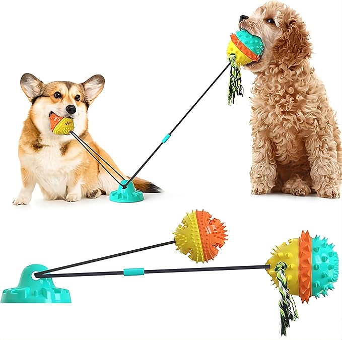 Dog Toy with Suction Cup - Interactive Toys for Large Dogs - Durable Dog Toothbrush & Chew Toy - Puppy Teething Toys - Indestructible Dog Toy - Food Dispensing Dog Tug Toy - Blue