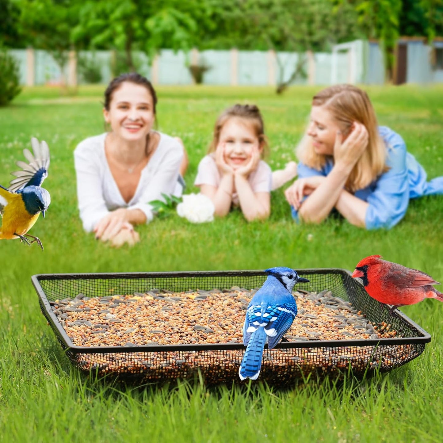 MIXXIDEA Ground Bird Feeder Tray 11x11 Inches, Metal Platform Mesh Seed Tray for Bird Feeders, Great Attracting Garden Yard Decoration for Wild Birds Squirrels Dove,1 Pack