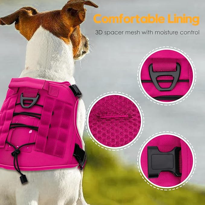 Heavy-Duty Tactical Dog Harness for Large Dogs, No Pull Adjustable Reflective Pet Vest with Molle System, K9 Military-Grade Control for Service Training, Outdoor & 10+ Breeds, Hot Pink, X-Large
