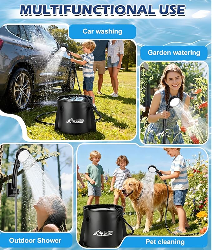 2026 Upgraded Portable Shower for Camping, Rechargeable Camping Shower with LED Display, 5 Gal Collapsible Bucket, 5 Adjustable Speeds, IPX8 Waterproof Portable Shower Kit for Hiking, Car, Pet, Travel
