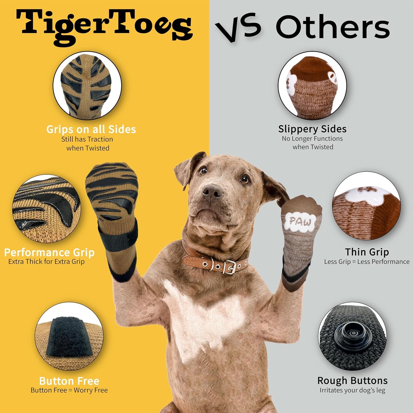 DOK TigerToes Premium Non-Slip Dog Socks for Hardwood Floors - Extra-Thick Grip That Works Even When Twisted - Prevents Licking, Slipping, and Great for Dog Paw Protection (Cool Caramel, X-Large)