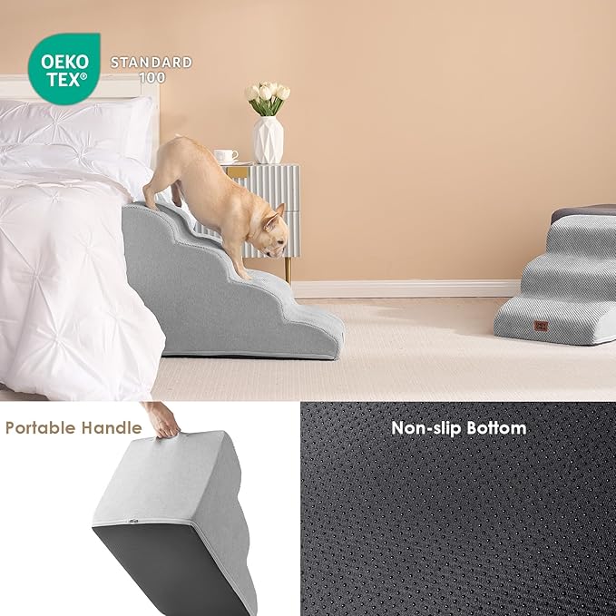 EHEYCIGA Curved Dog Stairs Ramp for High Beds 19.7" H, 4-Step Dog Steps for Small Dogs and Cats, Pet Stairs for High Bed Climbing, Non-Slip Balanced Pet Step Indoor, Light Grey