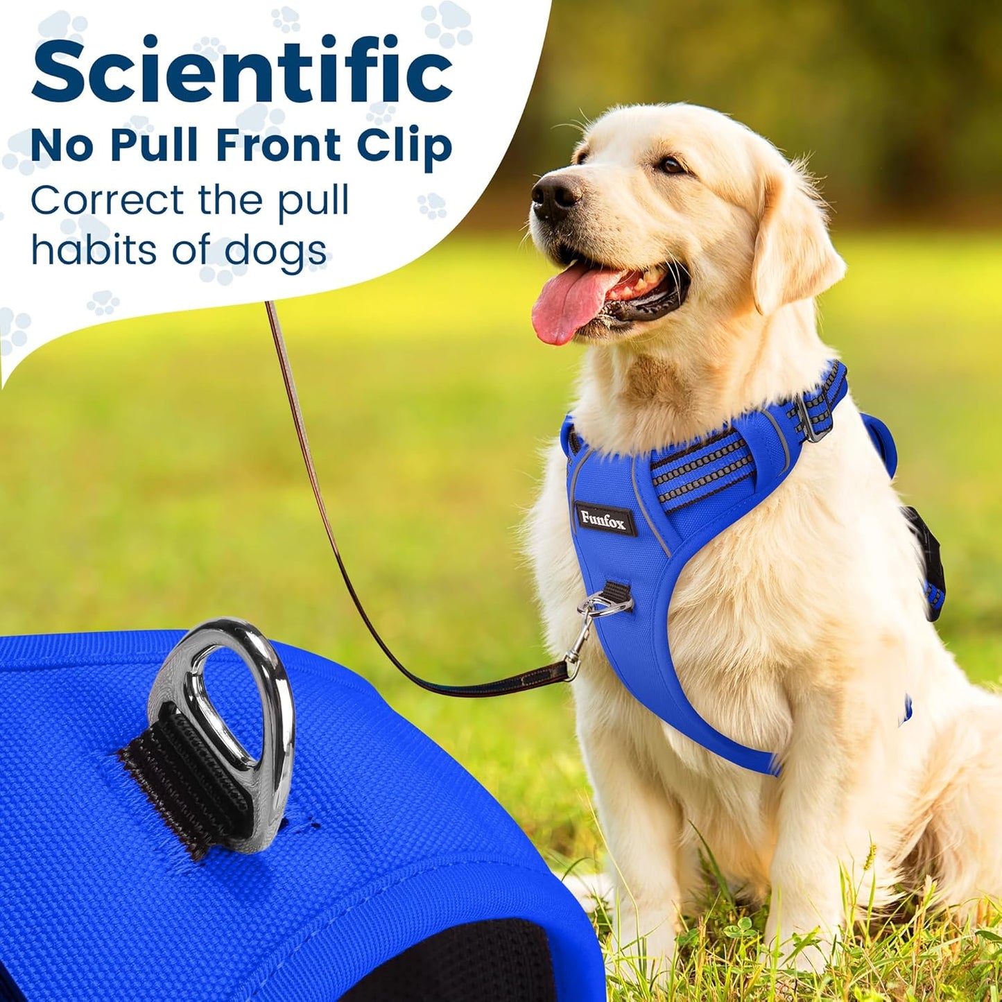 Funfox Dog Harness No Pull, Adjustable Pet Vest Harness, Super Soft Material with Vertical Handle Easy Control, Reflective Night Walking, 2 Leash Clips for Medium Sized Dogs, Blue, M