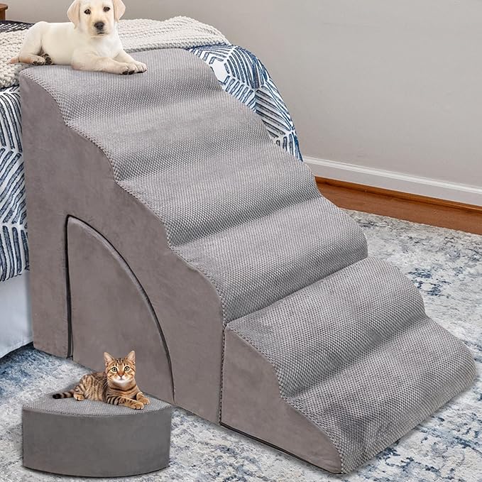 Foam Dog Stairs & Steps Ramps for High Beds 30 inches Tall for Small Dogs and Cats, LitaiL 6 Step Pet Stairs Steps for High Beds 30 inch Large Dogs, Non-Slip Dog Ramps for Older Cat